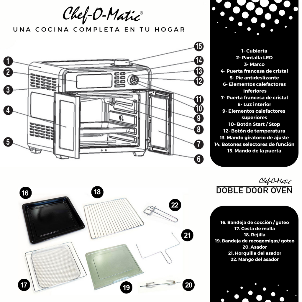Horno Multifunción 12 en 1 con puertas dobles transparentes y capacidad de 28L